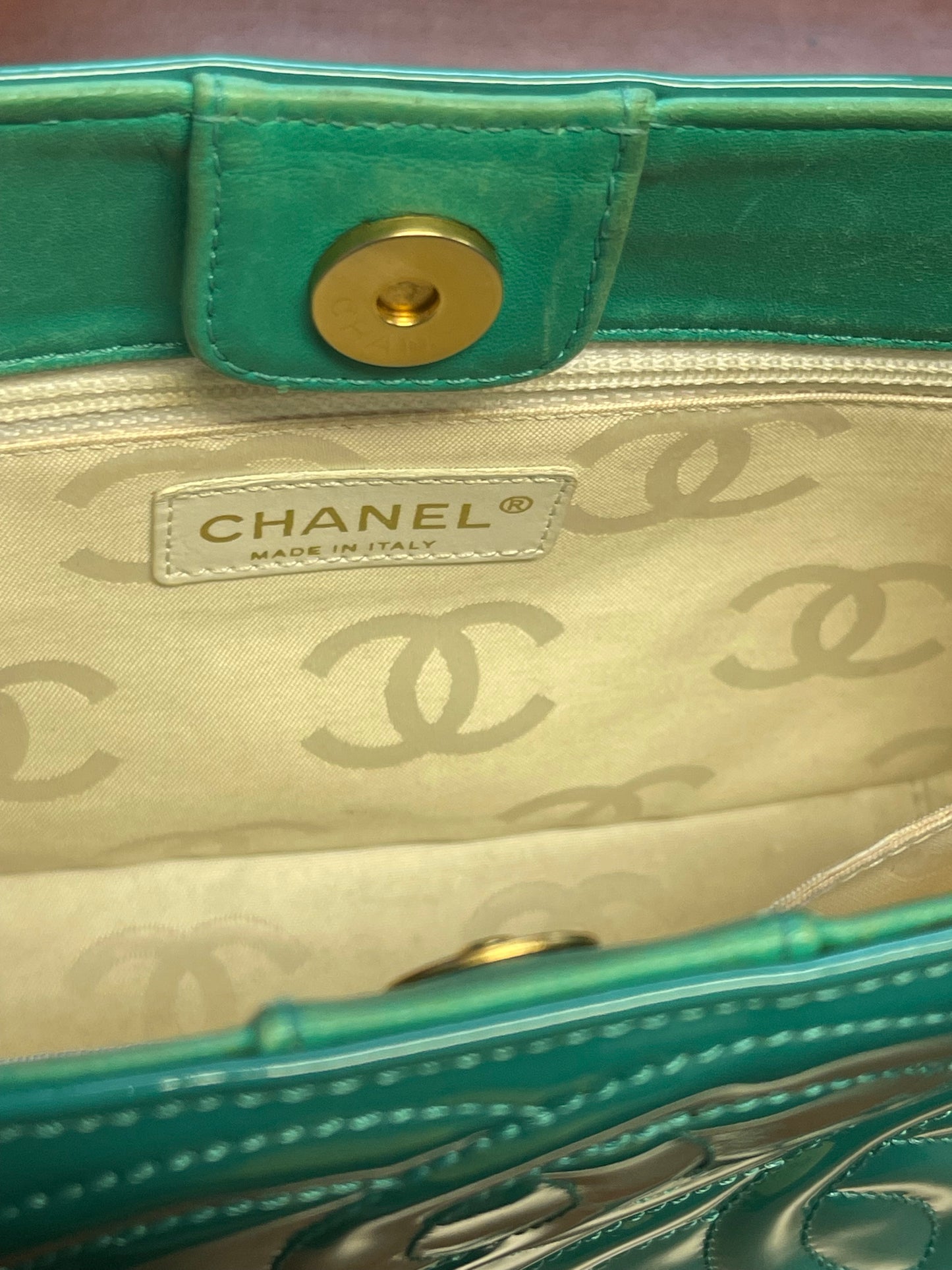 Authentic Pre-Owned Chanel Triple CC Logo Patent Leather Small Tote Green Vintage