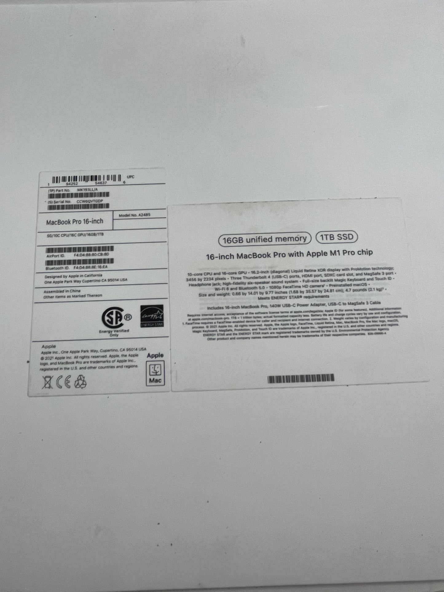 Apple MacBook Pro 16" M1 Pro 16GB RAM 1TB SSD A2485 Good w/ Charger