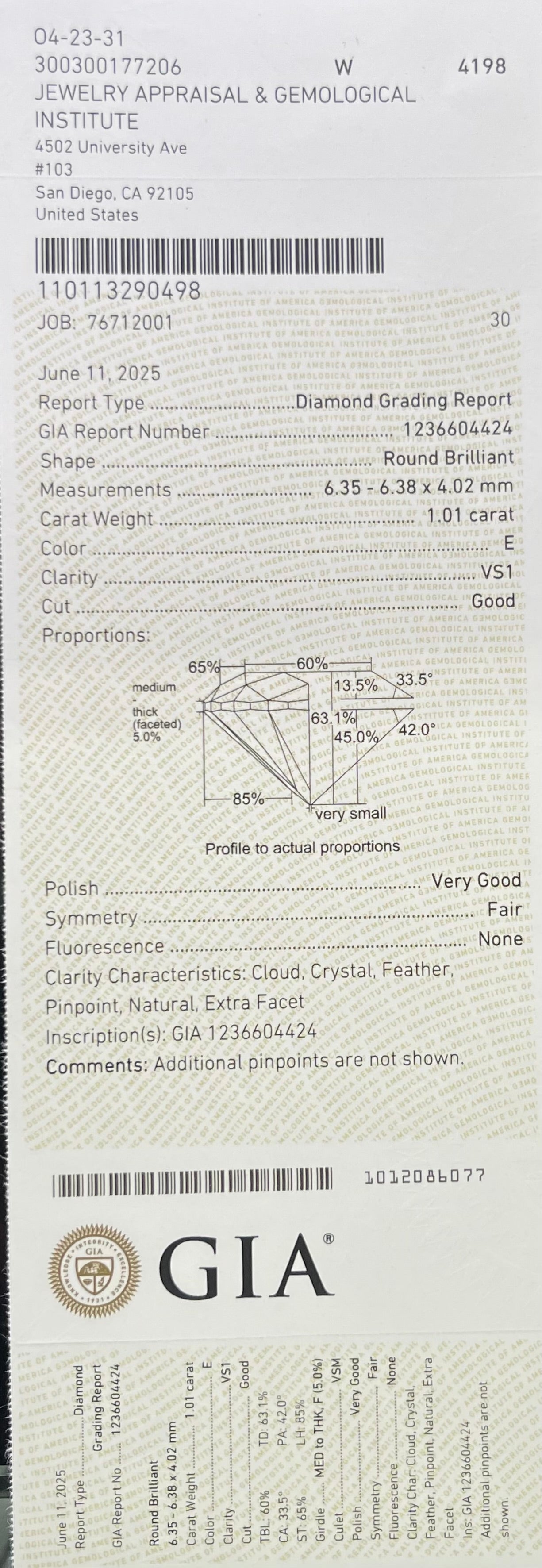 GIA 1.01 Carat Round Brilliant Diamond E VS1 Good Cut Very Good Polish