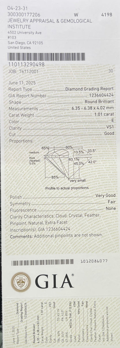 GIA 1.01 Carat Round Brilliant Diamond E VS1 Good Cut Very Good Polish